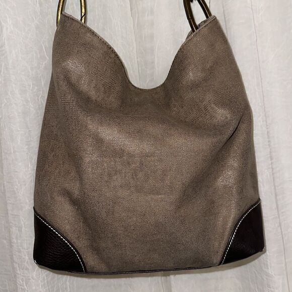 Braciano Metallic Canvas Tan Brown Leather Combo Hobo Shoulder Bag Purse - Picture 2 of 16